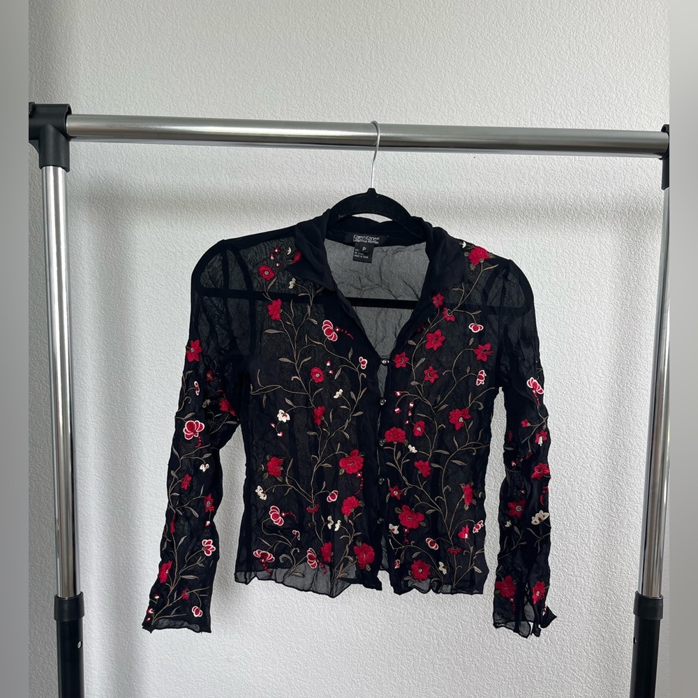 Karen Kane Y2K Black Flower Embroidered Long Sleeve Sheer Blouse